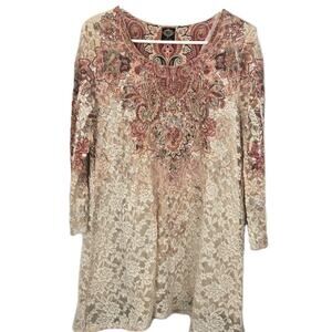 Cal Style Tunic DRESS Lace Paisley Ivory Lined Bling Y2K Boho Romantic Fairy MED